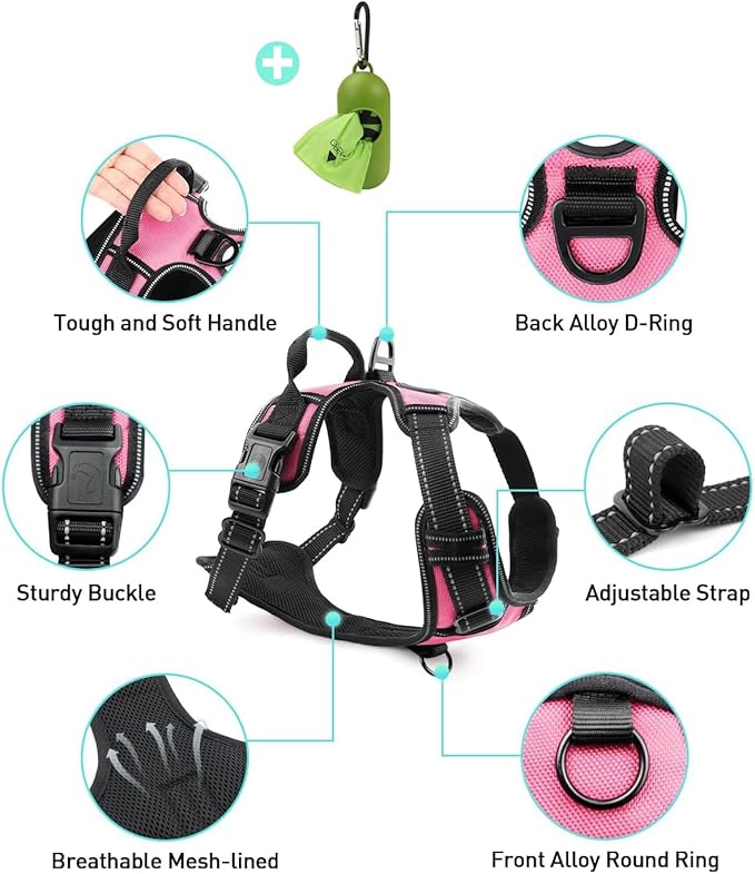 Joytale No Pull Dog Harness for Extra Large Dogs, Reflective Pet Vest with Front Clip, Adjustable Soft Padded Harnesses with Easy Control Handle for Training and Walking, Pink, XL