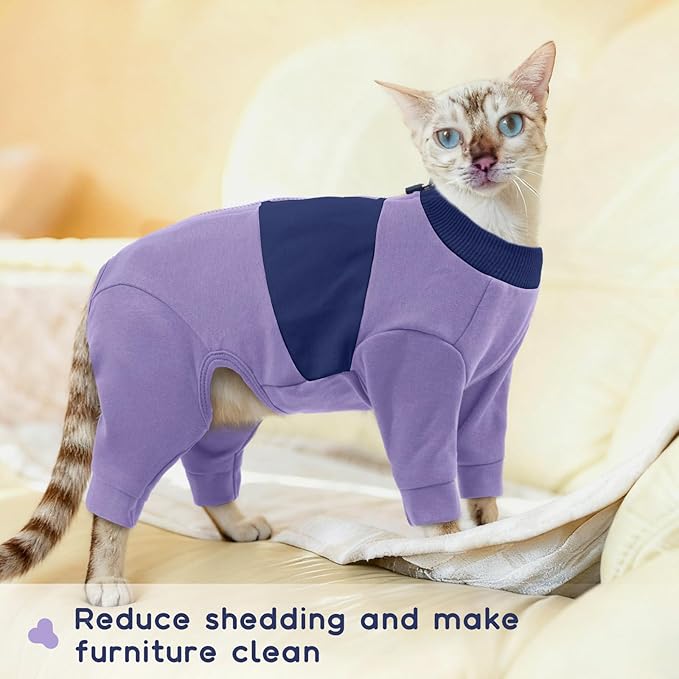 QBLEEV Cat Clothes, Soft Cat Sweaters for Cats Only, Kitten Surgery Recovery Suit Onesie Pajamas, Four Legs Cats Shirts Apparel Clothing for Hair Loss Prevention, Purple, XL