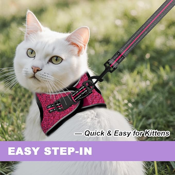 Cat Harness and Leash Set,Escape Proof Kitten Harness,Step in Adjustable Soft Lightweight,Easy Control,Reflective Strips Comfortable for Walking Travel(Pink/Black,M)