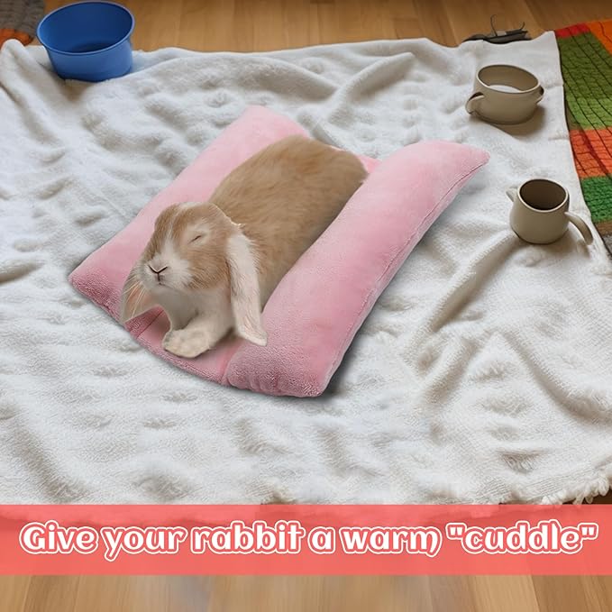 MEWTOGO 15.7" x 14" Bunny Bed for Rabbit Cage - Thickened Soft Prevent Sore Hocks Plush Mat with Cotton Lounger Pillows, Small Animal Flop Mat for Hutch Sleeping Indoor, Pink
