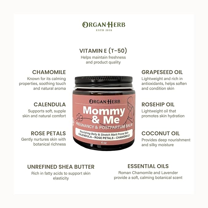 Organic Mommy & Me Pregnancy & Postpartum Balm with Calendula, Rose, Roman Chamomile, Rosehip, Lavender, 4 oz