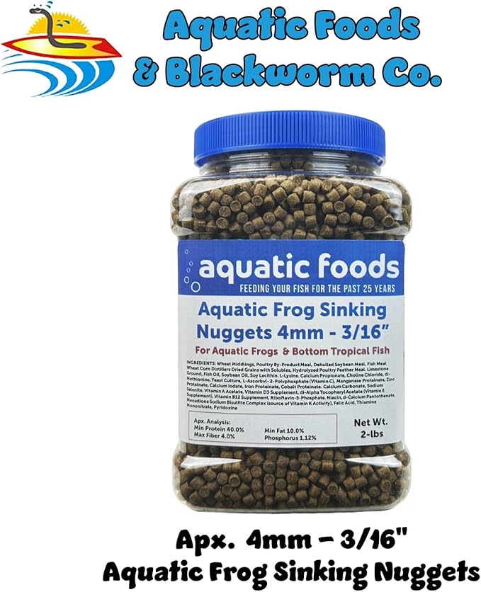 Aquatic Foods Inc. Aquatic Frog 4mm Sinking 40% Protein Nuggets. Ideal for All Frogs and Bottom Tropical Fish…2-lbs Jar