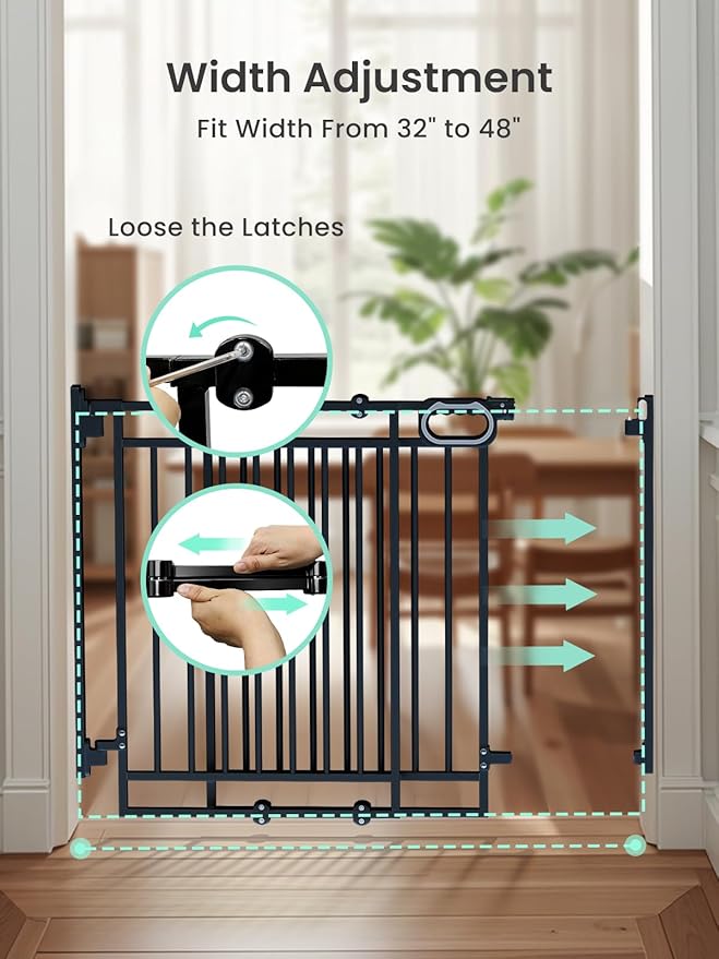Grownsy No Bottom Bar Baby Gate for Stairs, Adjustable Width 32” to 48” for Child and Pet, Dog Gate with Auto-Close & One-Hand Operation, Hardware-Mounted Installation for Doorways and Indoor,Black