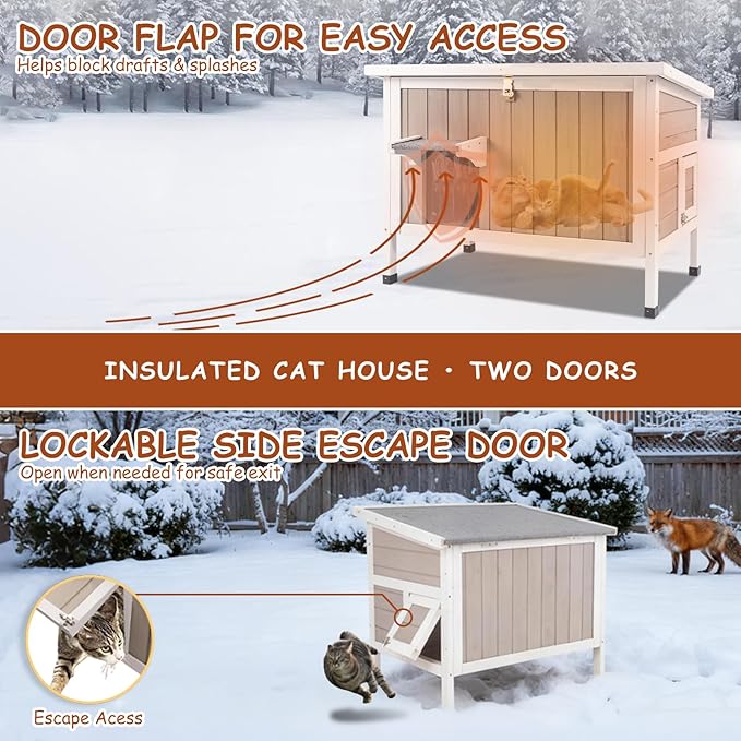 Insulated Cat House Outdoor Feral Cat Shelter House for 1-2 Cats, All Around Foam Cat Houses for Oudoor Cats Weathproof Wooden Indoor Cat House with Waterproof Roof, Escape Doors