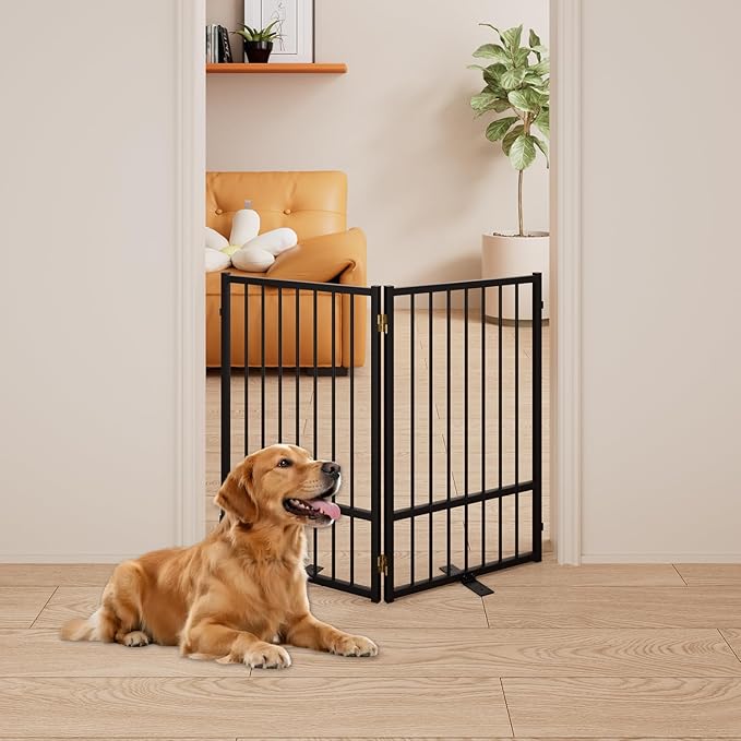 2 Panels Full Metal Freestanding Dog Gates, 40” W x 32” H Folding Pet Gate Fence with Support Feet for Indoor,Stairs, Hallways and Doorways(Black)