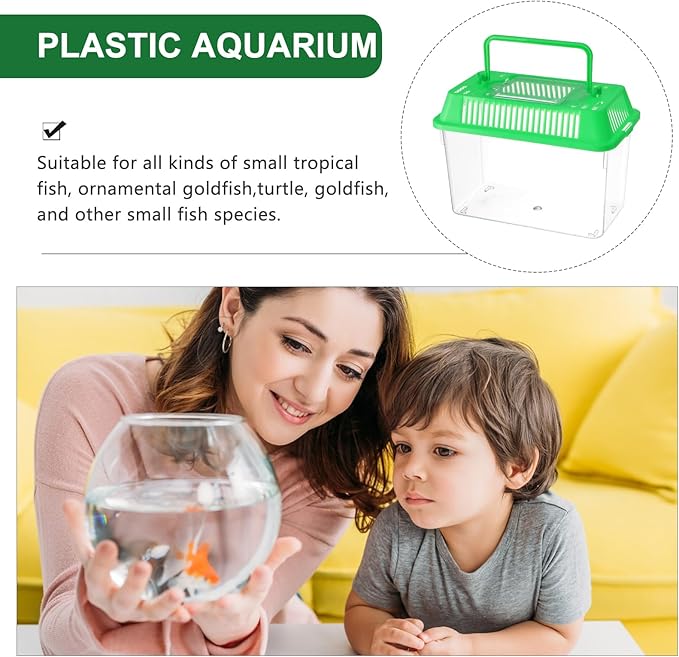 Portable Fish Tank Handheld Fish Tank,Plastic Mini Box Transparent Cutout Design, Plastic Aquarium with Handle for Turtle and Pet (Random Color Lid)