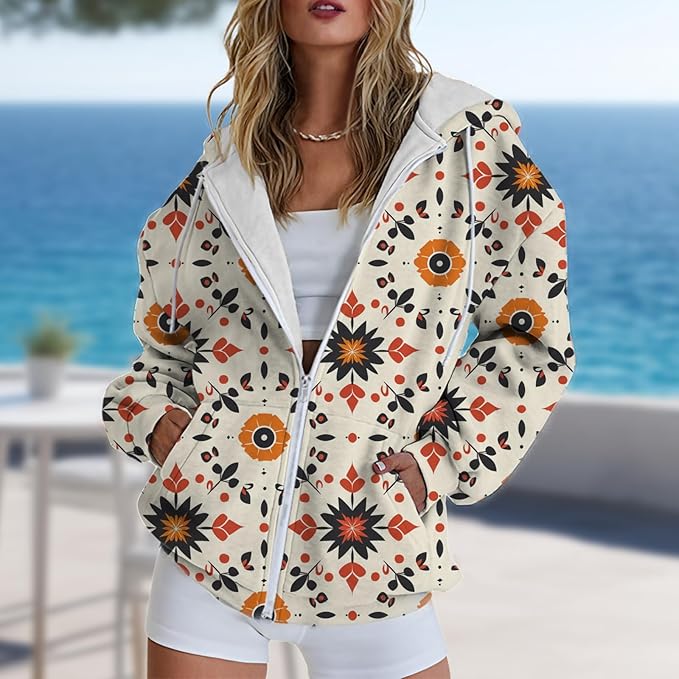 Hoodies for Women Zip Up Long Sleeve Hoodied Sweatshirt with Pockets Retro Graphic Women's Sweatshirt Trendy
