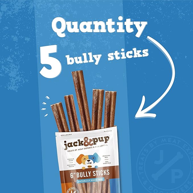 Jack&Pup 6 Inch Bully Sticks for Dogs (5 Pack) Extra Thick Dog Chews Long Lasting, 100% Beef Bully Sticks for Large Dogs