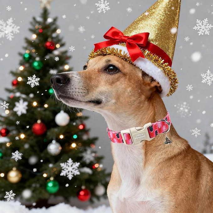 Unique Style Paws Christmas Dog Collar Plastic Buckle with Pendant Pink Green Christmas Tree Cotton Puppy Collars for Small Medium Large Dogs