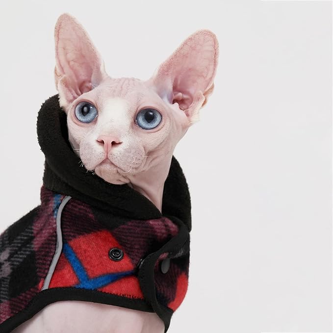 Sphynx Cat Windproof Turtleneck Jacket, Cat Puppy Warm Fleece Hoodie Fall and Winter,Easy to Wear Cat Coat with Velcro,Neck and Chest Adjustable Sweater (XS (1-2lbs)