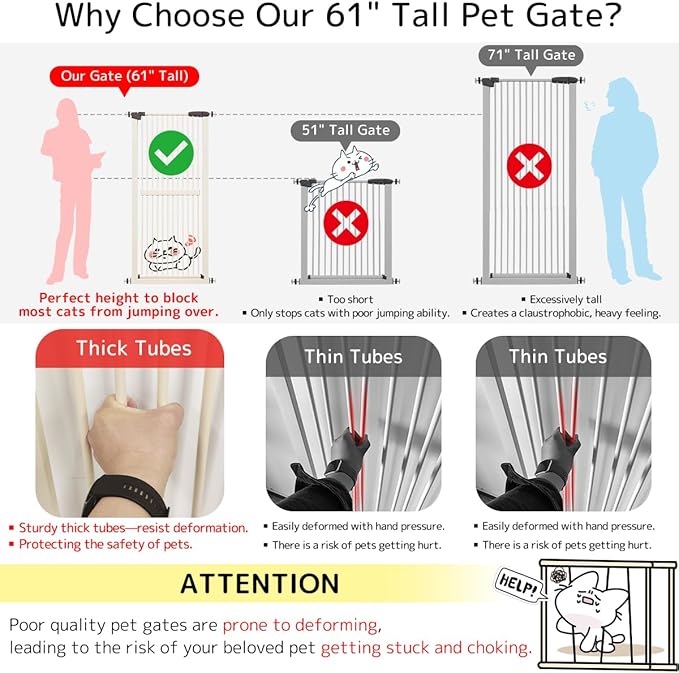 Lumizone Extra Tall Cat Gate 61.02" High Pressure Mounted Extra Wide 38.39"-42.51" (17Sizes) 1.37" Gap No Drilling Auto-Close Tall Pet Gate for Dogs (Cream, 38.39"-42.51" W)