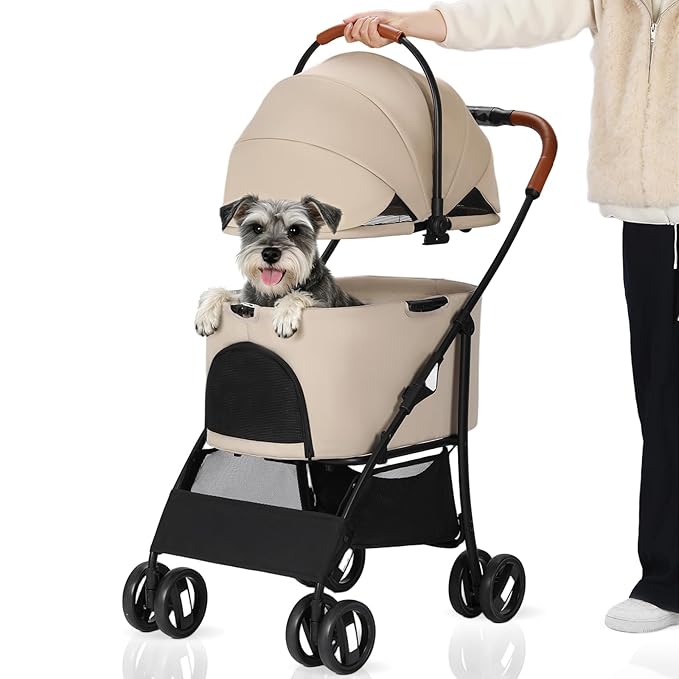 Pet Stroller for Small Medium Dogs Cats Up to 45 lbs with Detachable Pet Carrier. Portable Foldable Dog Stroller with Sunshade and Car Seat Travel, Suitable for All Seasons(Khaki 101K)
