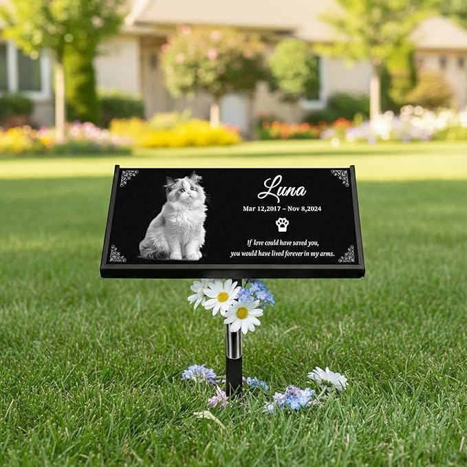 Personalized Pet Memorial Stones for Cat, Custom Engraved Granite Grave Marker, Weatherproof Outdoor Garden Headstone or Indoor Memory Stones, Pet Memorial Gifts for Your Beloved Pet (CAT)