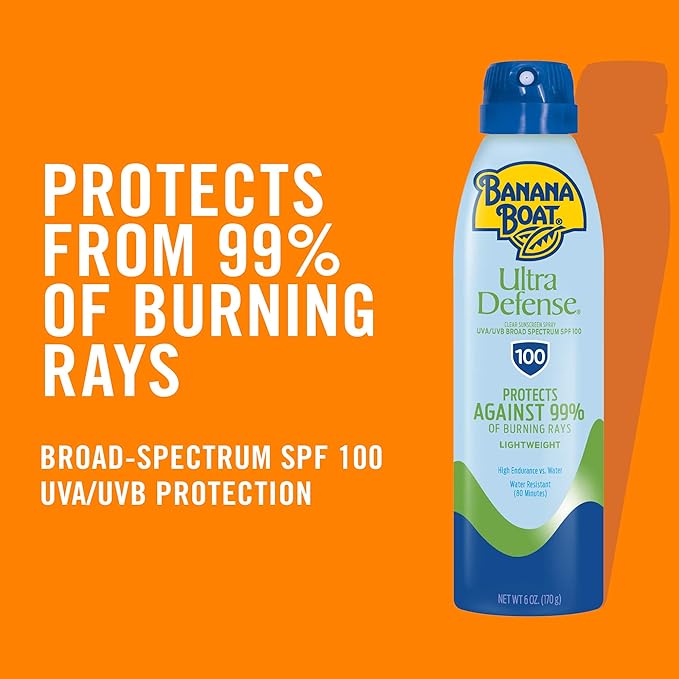 Banana Boat Ultra Defense Clear Sunscreen Spray SPF 100, 6oz | Lightweight Sunscreen, Banana Boat SPF 100, Water Resistant, 6oz (Pack of 2)