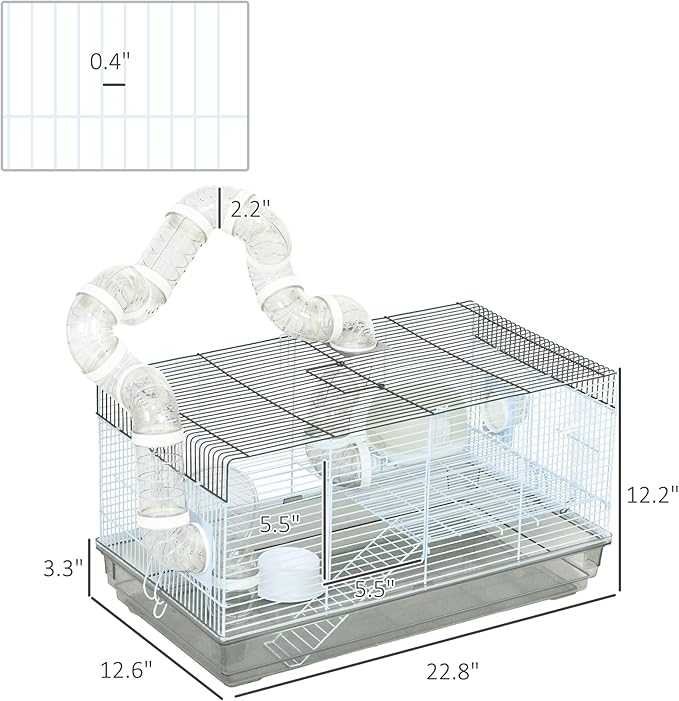 PawHut Hamster Cage, 2 Levels Gerbil Cage, Small Animal Cage for Dwarf Hamster with Tubes and Tunnels, Exercise Wheel, Food Dish, Water Bottle, Ramp, 23" x 13" x 12", Gray
