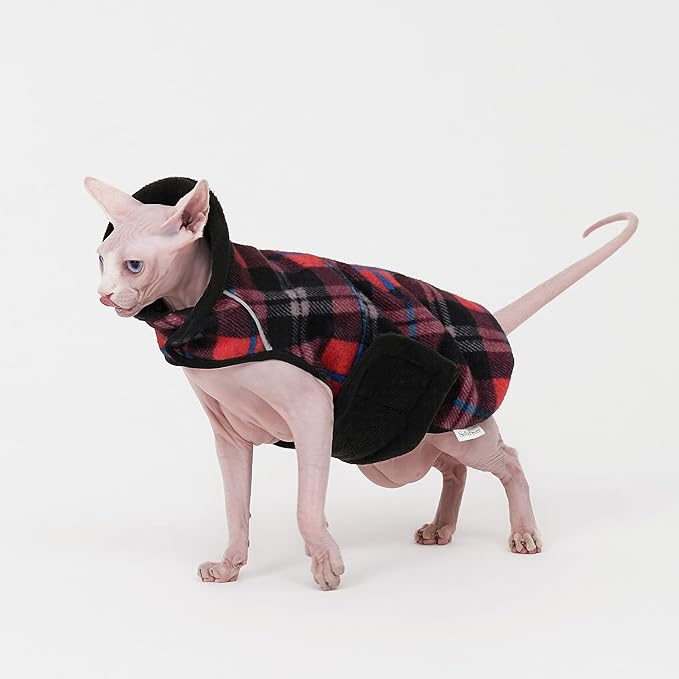 Sphynx Cat Windproof Turtleneck Jacket, Cat Puppy Warm Fleece Hoodie Fall and Winter,Easy to Wear Cat Coat with Velcro,Neck and Chest Adjustable Sweater (XS (1-2lbs)