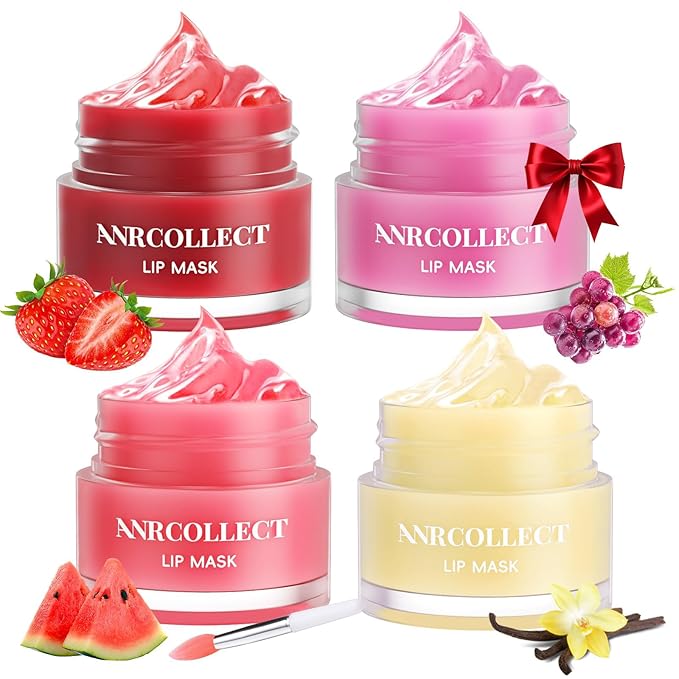 ANRCOLLECT Lip Mask Overnight Set, 4Pcs Lip Care Hydration Treatment Exfoliator Mask Kit, Revives & Nourishes Gift Set for All Day Moisturizing with Collagen & Shea Butter, Valentines Day Gifts