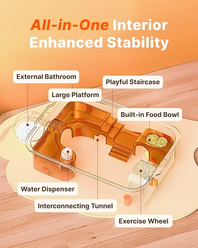 Large PET Hamster Cage with Built-in Platform & Hideout, 25"x14"x12.2" Transparent Hamster House for Dwarf, Syrian Hamsters, or Gerbils – Easy to Clean, Ventilated, Anti-Escape Design