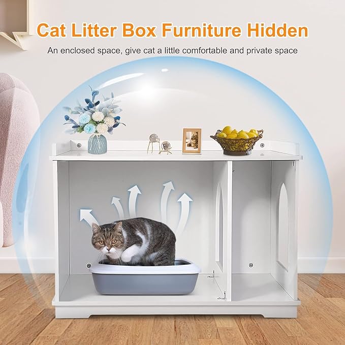 Cat Litter Box Enclosure Furniture Wooden w/Adjustable Divider, Indoor Cat House Storage Cabinet,End Table,for Large Cats, White