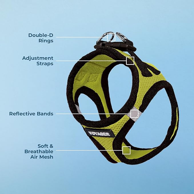 Best Pet Supplies Voyager Step-in Air Harness - All Weather Mesh, Reflective, No Pull Harness for Dogs, Cats - Secure with Hook & Loop Fastener, Buckle, Double D-Rings - Lime Green/Black Trim, L