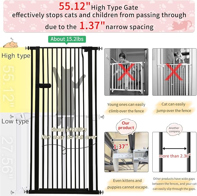 Lumizone Extra Tall Cat Gate 55.12" High Pressure Mounted Extra Wide 2025 New (17 Sizes) 1.37" Gap No Drilling Auto-Close One-Handed Operation Tall Pet Gate for Dogs(Black, 55.12" H x 75.98"-80.11" W)