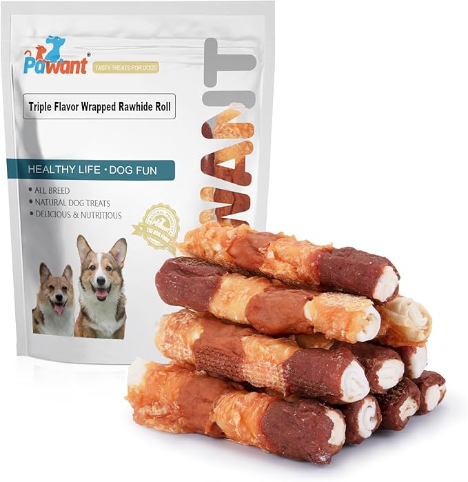 Dog Treats Triple Flavor Rolls - Chicken Liver, Beef, Chicken Wrapped Rawhide Rolls for Medium and Large Dogs Training Snacks 227g