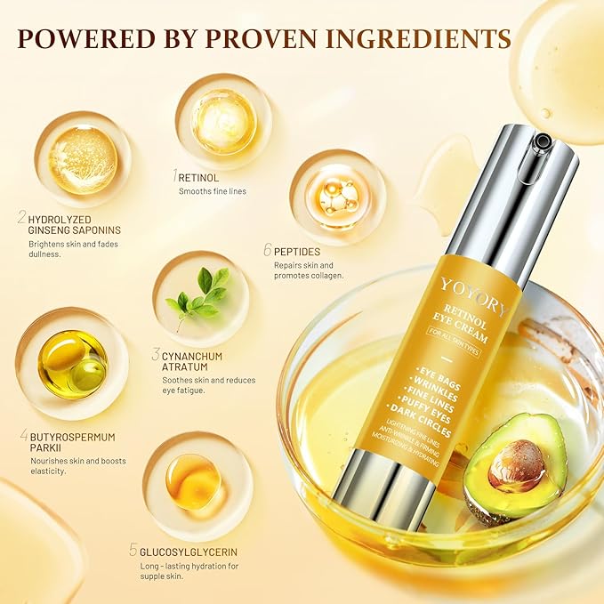 Retinol Eye Cream for Eye Bags - Rapid Under Dark Circles,Wrinkles, Fine Lines, Puffiness | Hydrating Anti-Aging Moisturizer Skin Care, Christmas gifts for Women and men 0.67 fl oz (Yellow)