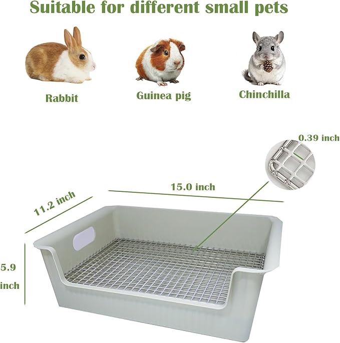 Large Rabbit Litter Box with Widened Stainless Steel Grid, Easy to Clean Guinea Pig Bunny Litter Box for Guinea Pigs Cages,High Back Wall for Small Animals（15×11.2×5.9 in