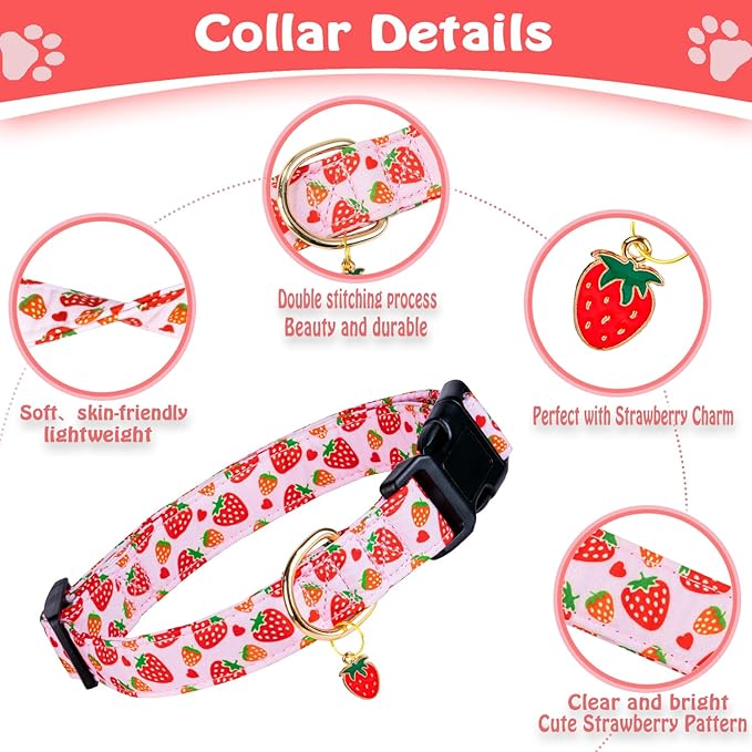 Cute Cotton Dog Collar for Small Medium Large Dogs Special Design Cute Pink Strawberry Dog Collar for Girl Female Dogs Soft Adjustable Strawberry Puppy Collars for Girl Female Dogs Pet Collar