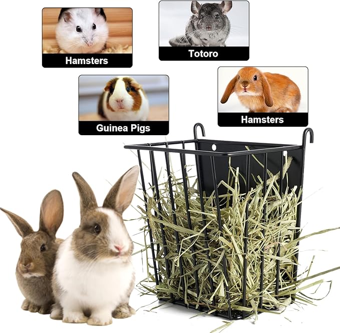 Upgrades 2pcs Hay Feeder Rabbit - Guinea Pig - Metal Frame Hay Rack with Adjustable Hook - Less Wasted - for Guinea Pig, Bunny, Chinchilla Cage Accessories - Bunny Feeder