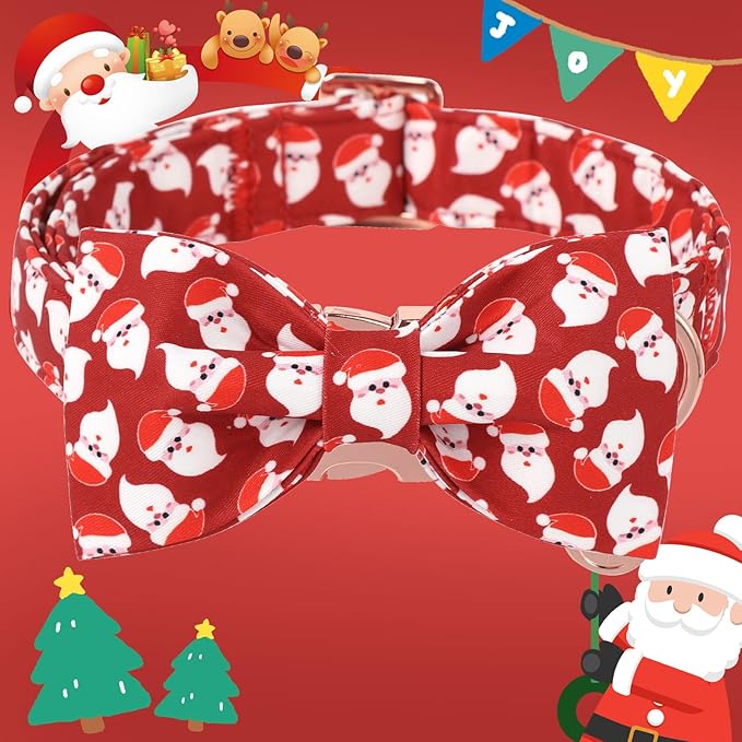 DOGWONG Christmas Santa Dog Collar Bow Adjustable Red Dog Collar Bow Tie Cute Christmas Santa Dog Collar for Small Medium Large Dogs