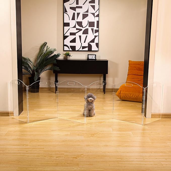 Extra-Wide Clear Acrylic Freestanding Dog Gates for The House – Folding 6-Panel Pet Gates for Doorways, Stairs, and Open Spaces, Transparent Indoor Barrier for Dogs, Puppies & Cats