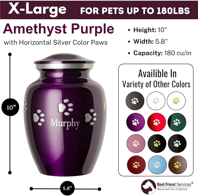 Pet Urn for Dogs and Cats with Personalized Laser Engraving, Ottillie Paws Premier Series Memorial Urns (X-Large Amethyst Purple with Horizontal Pewter Paws)