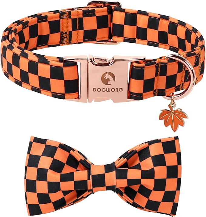 DOGWONG Orange Pink Plaid Dog Collar with Bow - Adjustable and Comfortable Autumn Dog Collar Fall Necklace for Large Medium Small Pet