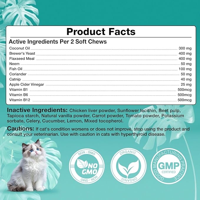 Flea and Tick Prevention for Cats Chewables, Kitten Cat Flea Treatment, Oral Flea Supplement Skin & Coat Support, Chicken Flavor 200 Counts
