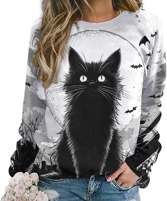 Halloween Sweatshirts for Women Black Cat Print Pullover Crewneck Oversized 2024 Fall Fashion Casual Warm Shirt