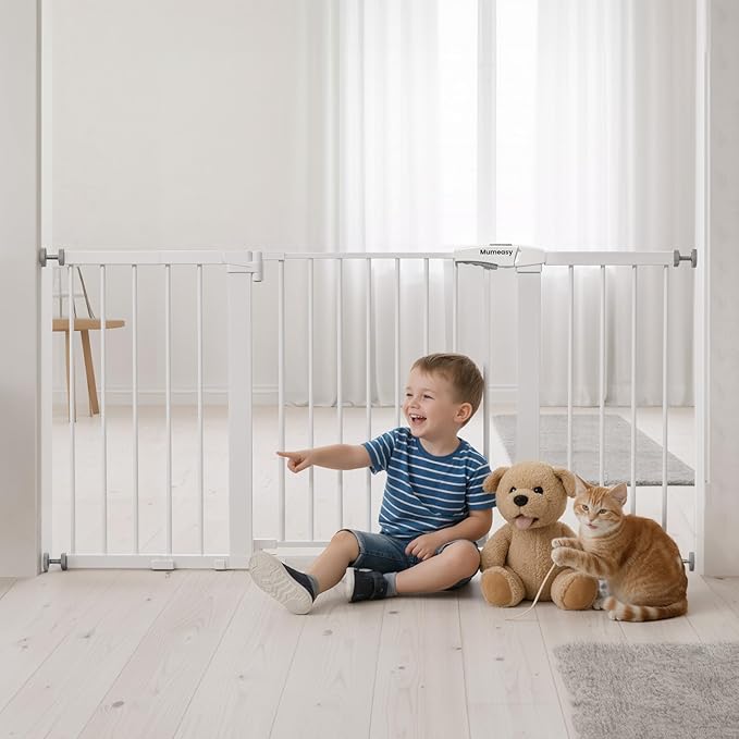 Mumeasy 29.7-57" Extra Wide Baby Gate for Doorways, Auto Close Dog Gate Indoor for Stairs, No-Drill Pressure Mounted Pet Gate with Door, Easy Walk Thru Long&Large Safety Gate for House, Outdoor, White