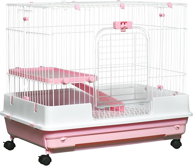PawHut 2-Level Small Animal Cage Rabbit Hutch with Wheels, Removable Tray, Platform and Ramp for Bunny, Chinchillas, Ferret, Pink