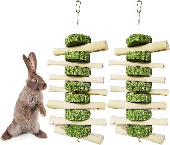 kathson Bunny Chew Toys for Teeth, Pet Snacks Molar Sweet Bamboo with Grass Cake Guinea Pig Toys for Hamster Chinchilla Rabbit Rats (2 Packed)