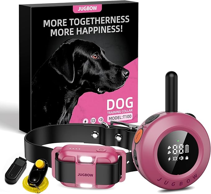 Jugbow Dog Shock Collar - 3/4 Mile Dog Training Collar with Remote for Large Medium Dogs, Rechargeable IPX8 Waterproof E-Collar with 3 Training Modes, LED Light & Security Lock (Pink)