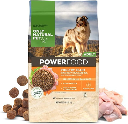Only Natural Pet Dry Dog Food Canine PowerFood Formula - Paleo Inspired Formula with No Grain, Soy, Corn, Wheat or Oats – Poultry Feast 20 lb Bag