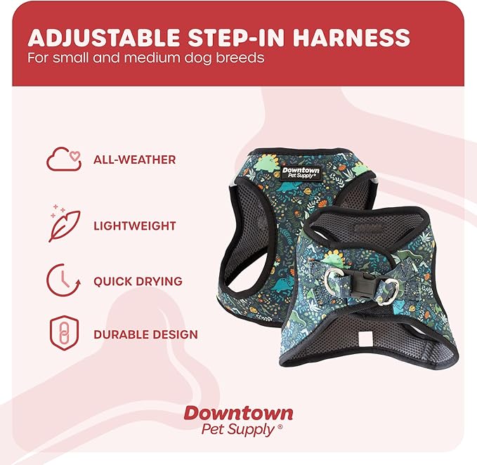 Downtown Pet Supply Step-in Dog Harness – No Pull, Adjustable Padded Mesh with Reflective Trim, Secure Buckle Strap – Comfortable & Breathable Small Dog Harness, Small, Dinosaur