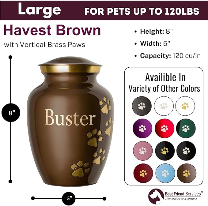 Pet Urn for Dogs and Cats with Personalized Laser Engraving, Ottillie Paws Premier Series Memorial Urns (Large Harvest Brown with Vertical Brass Paws)