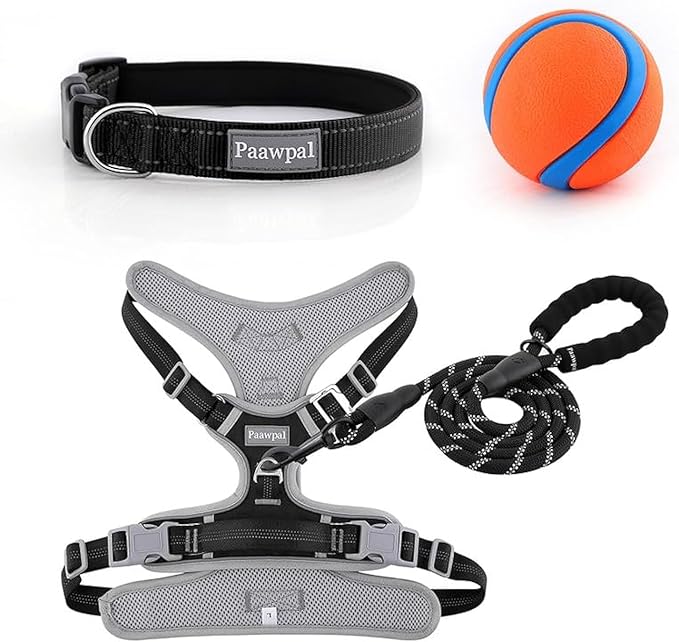 Adjustable Dog Harness - No Pull, Reflective, Soft Padded for Small, Medium, Large Dogs - Includes Leash and Collar Black L