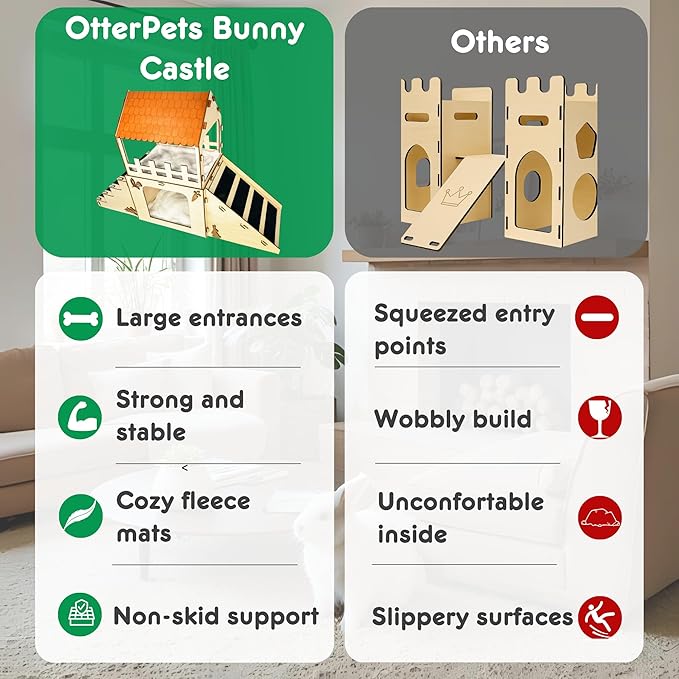 Extra Large Bunny Hideout, Cozy Rabbit Castle with Fleece Mats, Wooden Rabbit Hideout, Bunny House Indoor Indoor, Chinchilla, Guinea Pig House