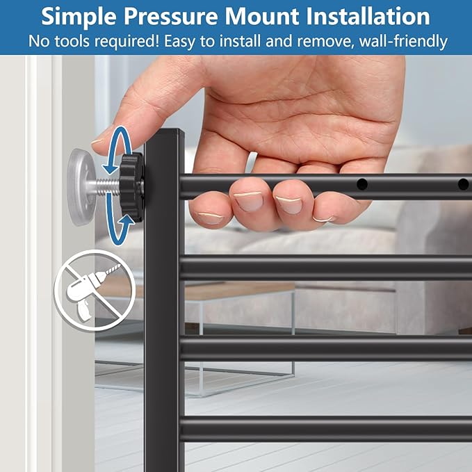 Malier Indoor Dog Gate with Door, 34-55" Extra Wide Full Metal Pet Gate Short Dog Gate for Stairs, Pressure Mount 10'' Tall Small Puppy Low Gate Easy Step Over for Doorways