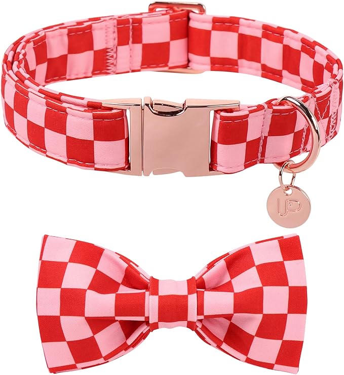 Red and Pink Plaid Dog Collarwith Bow Tie– Adjustable Red & Pink Checkered Dog Collar for Small Medium Large Dogs, Soft Xmas Plaid Puppy Collars with Quick Release Buckle XS
