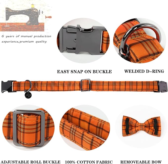 DOGWONG Fall Orange Plaid Dog Collar with Bowtie- Cute Designer Fall Checkered Dog Collars Adjustable Halloween Bowtie Dog Collar for Small Medium Large Dogs M