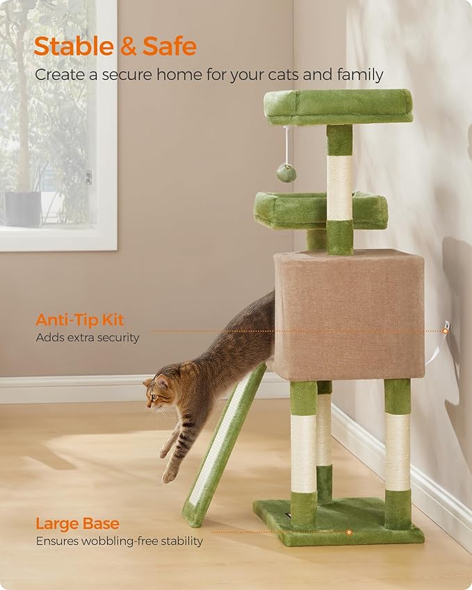 Feandrea Cat Tree Tower, 45.3-Inch Cat Condo with Scratching Post, Ramp, Perch, Spacious Cave, for Small Spaces, Grass Green and Camel Brown UPCT141CB03