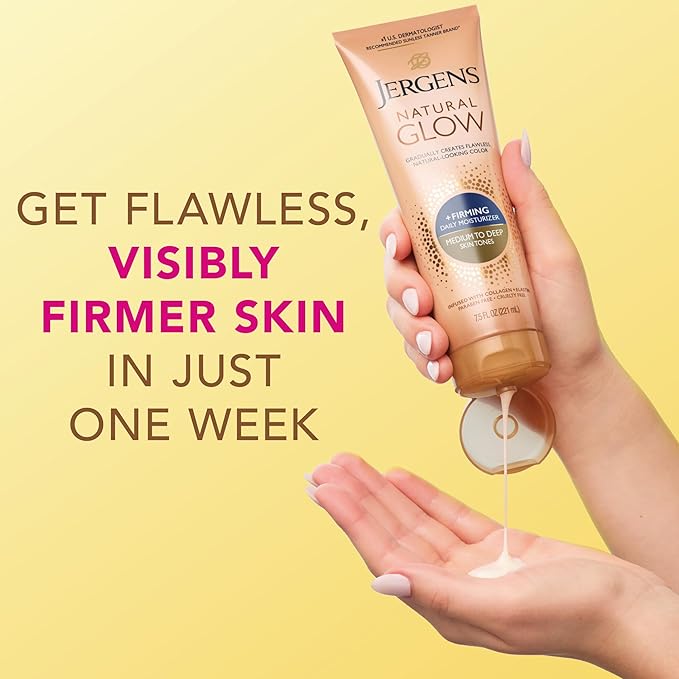 Jergens Natural Glow +Firming Self Tanner Body Lotion,Medium to Deep Skin Tone,Sunless Tanning Moisturizer with Collagen and Elastin,Helps to Visibly Reduce Cellulite,7.5 Oz,(Pack of 4)